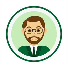 Smiling man face with brown hair, beard, side whiskers and mustache and wearing glasses. Male face. Man avatar on green background. Handsome man portrait. Isolated flat vector illustration.