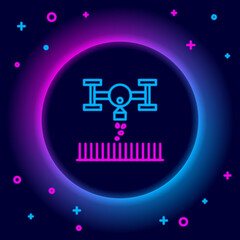 Glowing neon line Smart farm with drone control for seed planting icon isolated on black background. Innovation technology for agricultural company. Colorful outline concept. Vector