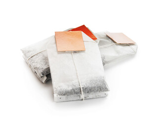 Tea bags on white background