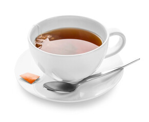 Cup of hot tea on white background