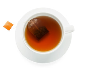 Cup of hot tea on white background