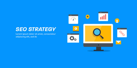 SEO strategy concept with link building, data analysis, loading speed, onsite optimization abstract background, flat design web banner.