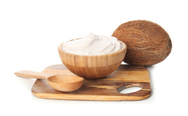 Bowl with coconut cream on white background