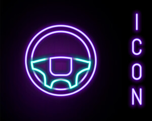 Glowing neon line Steering wheel icon isolated on black background. Car wheel icon. Colorful outline concept. Vector