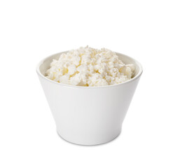 Bowl with cottage cheese on white background