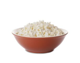 Bowl with cottage cheese on white background