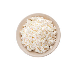 Bowl with cottage cheese on white background