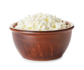 Bowl with cottage cheese on white background