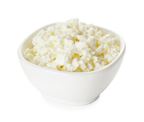 Bowl with cottage cheese on white background