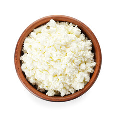 Bowl with cottage cheese on white background