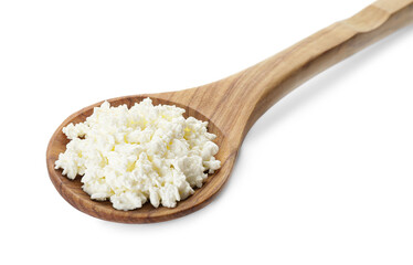 Fototapeta na wymiar Spoon with cottage cheese on white background