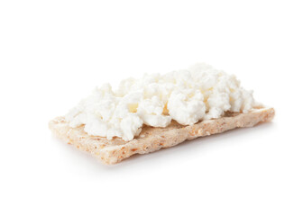 Crispbread with cottage cheese on white background