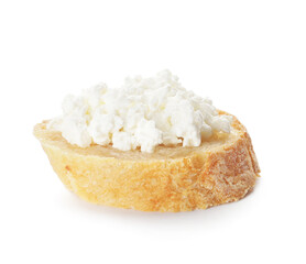 Bread with cottage cheese on white background
