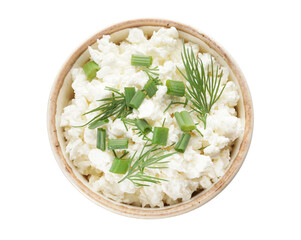 Bowl with cottage cheese on white background