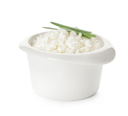 Bowl with cottage cheese on white background