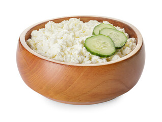 Bowl with cottage cheese on white background