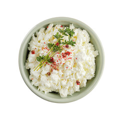 Bowl with cottage cheese on white background