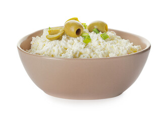 Bowl with cottage cheese on white background