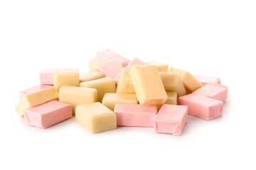 Tasty chewing gums on white background