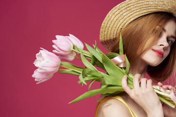 Beautiful woman with a bouquet of flowers a gift as an elegant style lifestyle