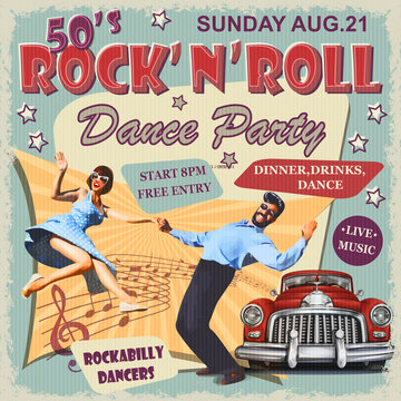 Rock and Roll Dance Party retro poster. 