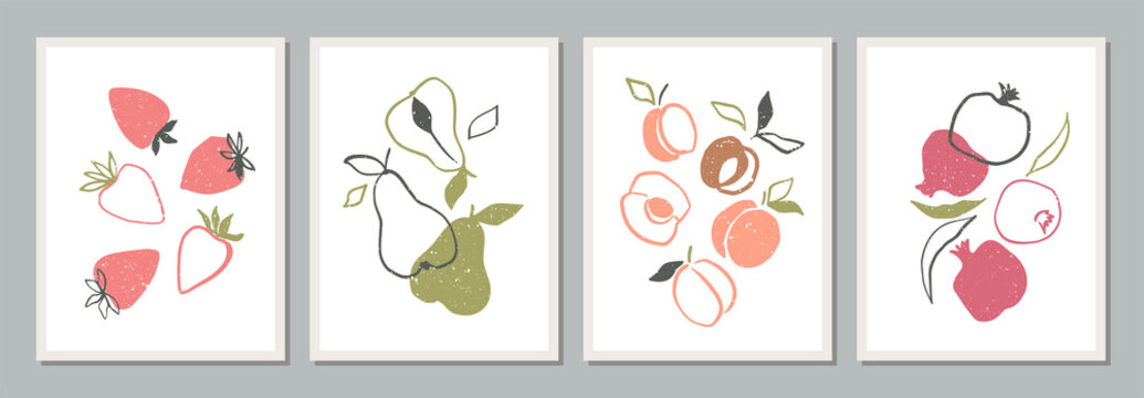 Collection of abstract posters with fruits - strawberry, pear, apricot, pomegranate. Collection of abstract vector design for home decor
