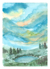 hand painting landscape with lake and dramatic sky watercolor background