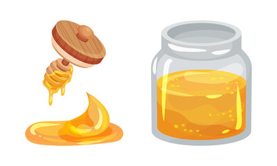 Glass Jar Full with Honey and Honey Dipper with Dripping Fluid Vector Set