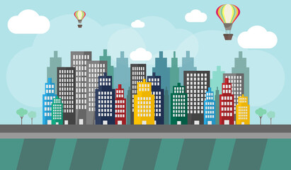 Smart City.Urban Building Landscape with Colorful Hot Air Balloons, cloud and tree on Light Blue Background.