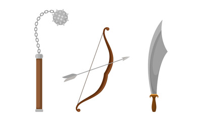 Medieval Cold Steel Arms or Blade Weapon with Morningstar and Dagger Vector Set