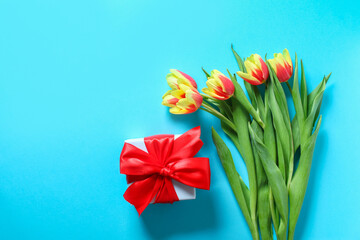 A bouquet of tulips as a gift for March 8, Mother's Day, Valentine's Day. Easter decor. Top view. Flowers tulips on a blue background.