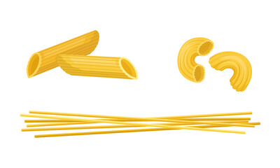 Macaroni as Dry Shaped Pasta Made with Durum Wheat Vector Set