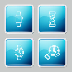 Set line Smartwatch, Old hourglass, Wrist and Clock icon. Vector