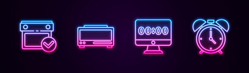 Set line Calendar with check mark, Digital alarm clock, Clock on monitor and Alarm. Glowing neon icon. Vector