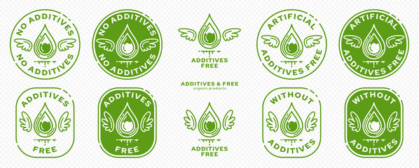 Concept for product packaging. Labeling - no additives. Drop with wings and a line of liquid is a symbol of freedom from the ingredient. Vector elements.