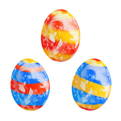 Three colored easter eggs, red, blue and yellow, isolated on white background