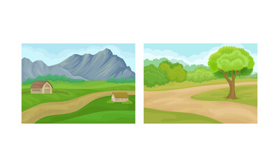 Winding Country Road and Green Landscape Vector Set