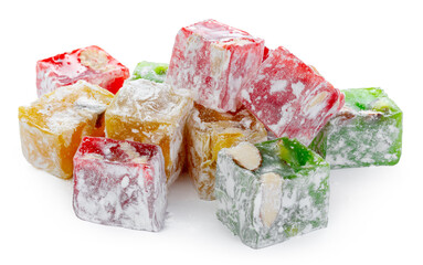 Bunch of colorful Turkish Delight sweets isolated on white - obrazy, fototapety, plakaty