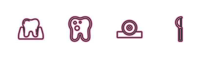 Set line Tooth, Otolaryngological head reflector, with caries and Dental floss icon. Vector