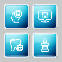 Set line Human head with tooth, Dental clinic location, protection and Mouthwash bottle icon. Vector
