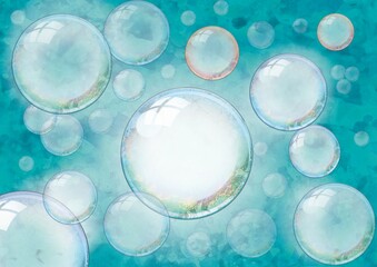 Suspension bubbles background on bluish layer, fantasy