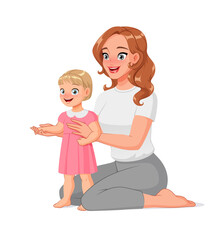 Mother and daughter sitting on the floor. Cartoon vector illustration.