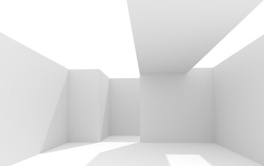 Empty open space interior 3d render illustration. Blank futuristic minimalistic abstract architecture with white wall.