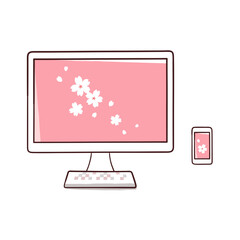 デスクトップパソコンとスマホ　桜の花