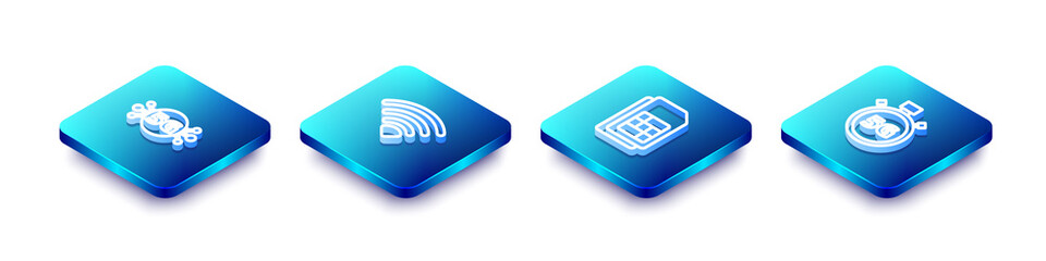 Set Isometric line 5G network, Wi-Fi wireless, Sim card and Digital speed meter icon. Vector