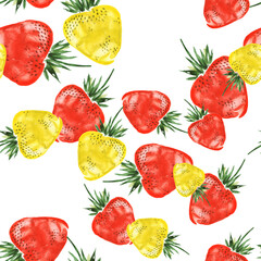 Watercolor strawberries. pattern of red,yellow strawberries watercolor. Seamless watercolor background, with a vintage pattern of red berries.Ornamental red,yellow berry pattern