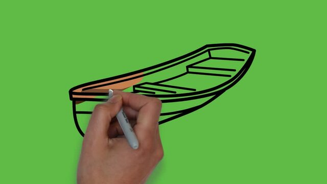 Drawing decent tiny boat with colorful combination on abstract green background