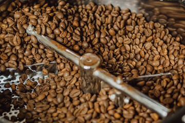 Freshly roasted coffee beans are spinning in coffee machine.