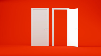 open and closed two white doors on a red background, metaphor of choice or path, 3d render