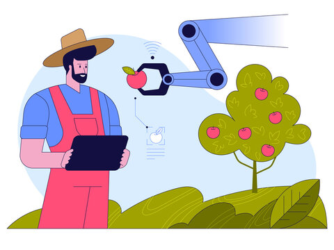Smart farming concept. Farmer holds tablet, robotic hand harvests apples